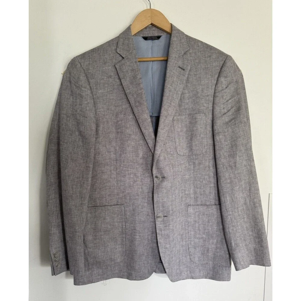 Saks Fifth Ave Linen Blend Herringbone Gray Blazer Large Slim Fit Men’s Lg